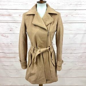 Michael Kors Wool Blend Asymmetrical Zip Moto Wrap Trench Coat Camel Tan